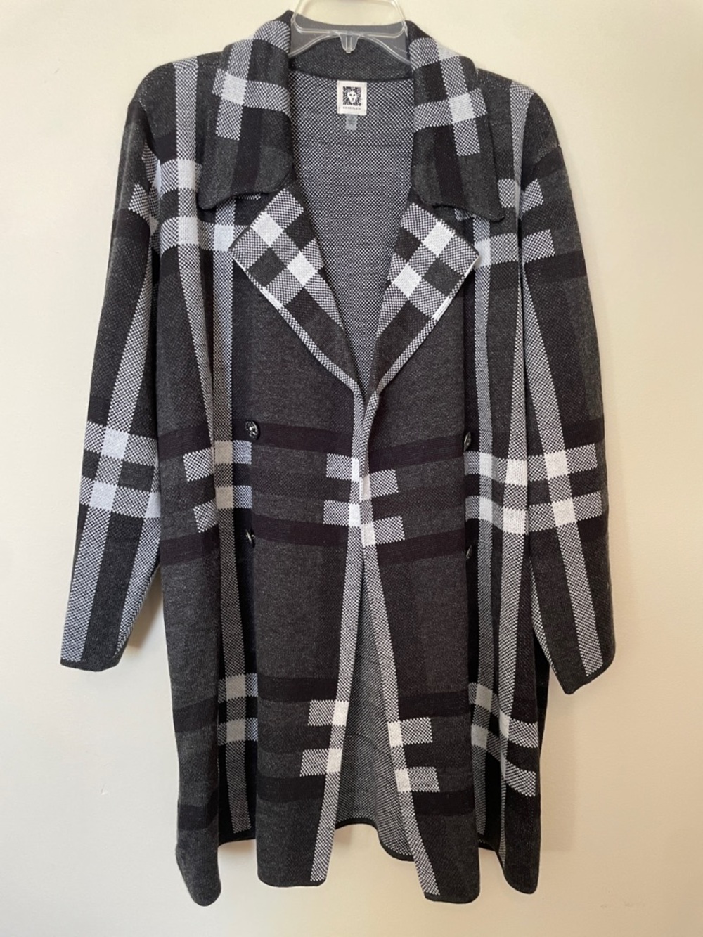 Anne Klein Black and White Plaid Open Front Cardigan